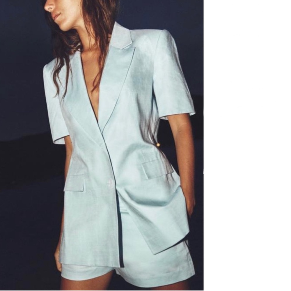 Zara Fitted Short Sleeve Linen Blazer light blue NWT